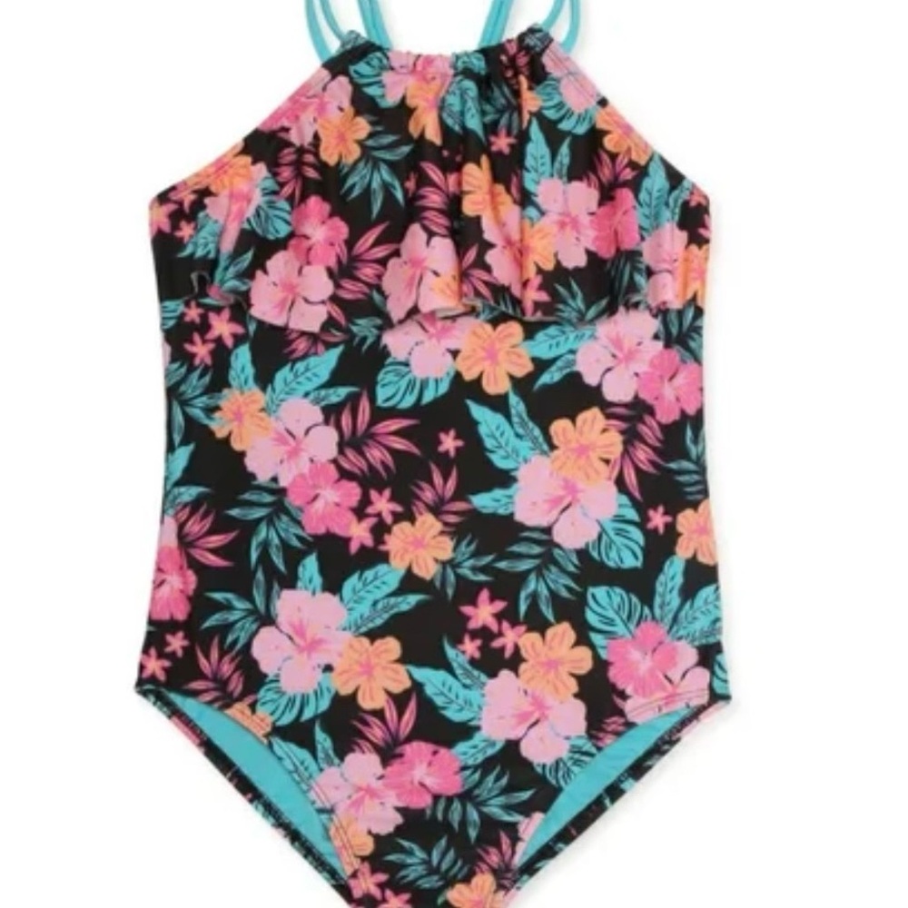 Wonder Nation Black Hawaiian Floral Halter Neck Swimsuit -Girls 14/16 Plus